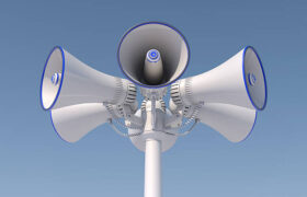 3d render of 6 loudspeakers on a pole.